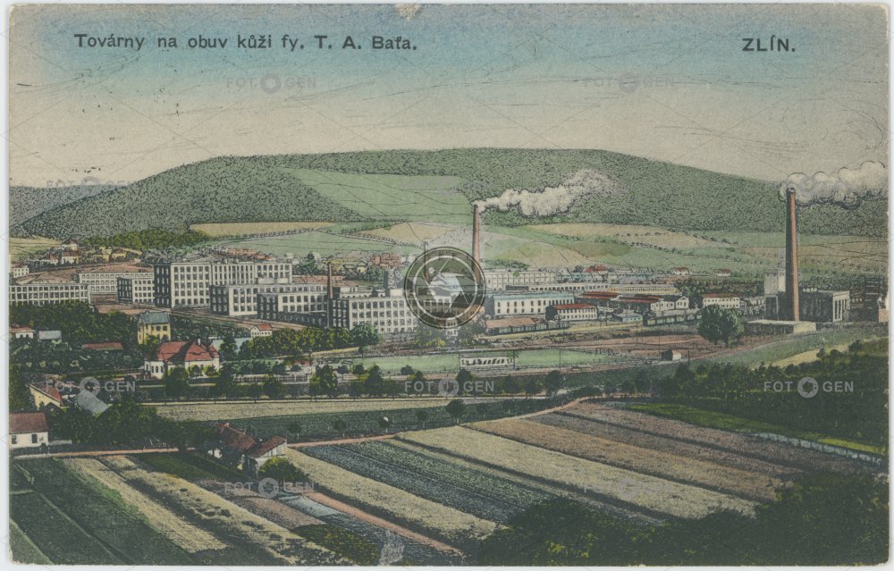 Kolorovaná pohlednice Zlína, továrny fy T. & A. BAŤA, 1926