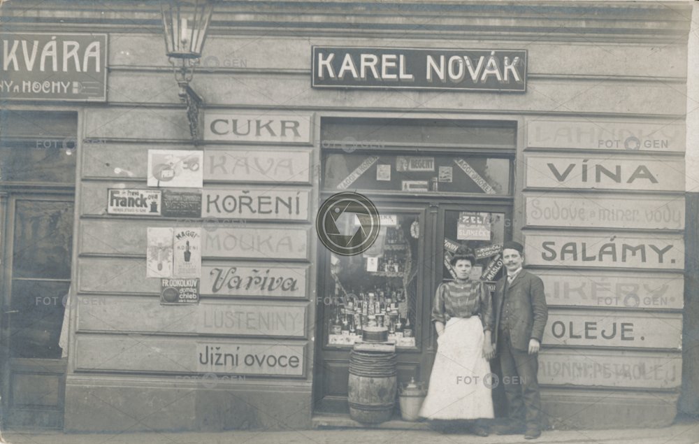 Prodejna potravin, Karel Novák, Na Skořepce, 1908