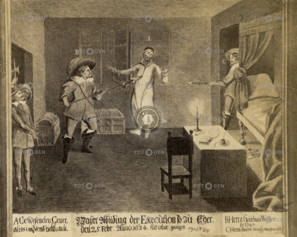 Cheb, Městský dům, výjev zavraždění Valdštejna v muzeu (zpřístupněném 15. 5. 1874)