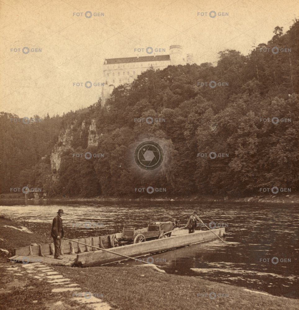 Zámek Orlík s řekou a přívozem, polovina stereofotografie