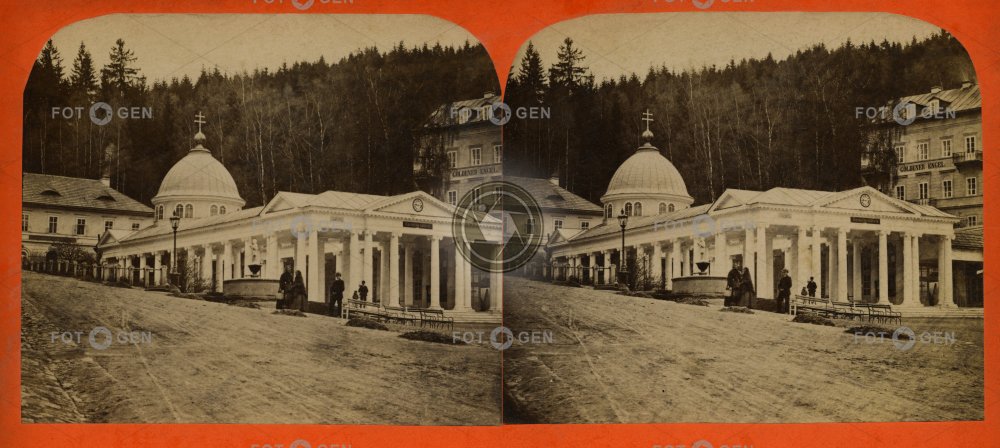 Mariánské Lázně, kolonáda Křížového pramene před 1879, stereofotografe