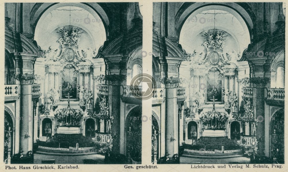 Karlovy Vary, katolický kostel sv. Máří Magdaleny, interiér, stereofotografie