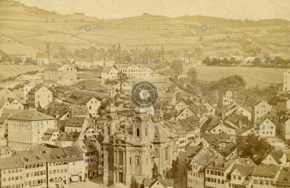 Karlovy Vary, kostel sv. Maří Magdaleny  od Jeleního skoku, vizitka