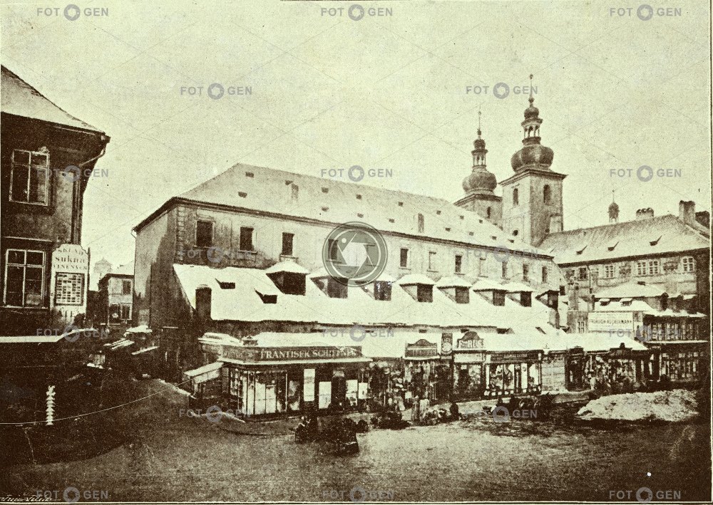 Dobový popisek: Bývalé Kotce z ulice Rytířské, kolem 1885, tisk kol 1900, kabinetka