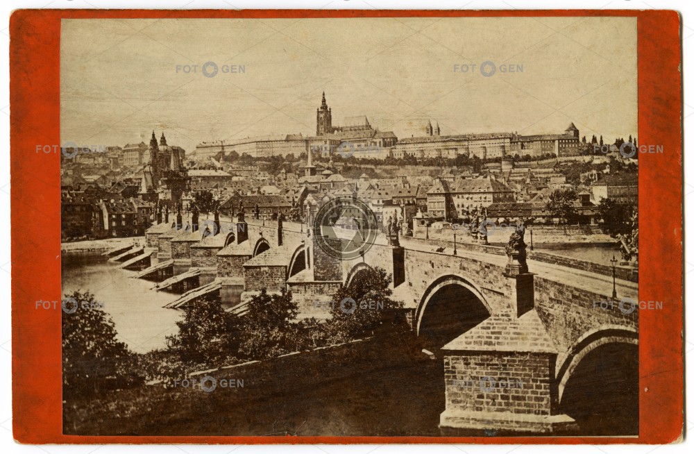 Hradčany a Karlův most, kolem 1875, kabinetka