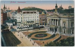 Brno Divadelní náměstí lokomotiva tramvaje 1917