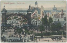 Praha Holešovice výstaviště jubilejní 1908 panorama tramvaj