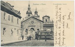 Plzeň Františkánský kostel tramvaj nakl. Hlavatý