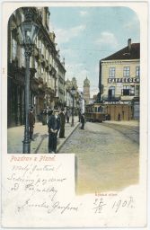 Plzeň Říšská ulice tramvaj caffe S. Klein plynové lampy 1901