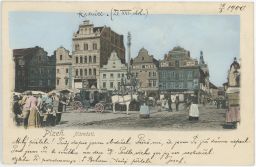 Plzeň náměstí radnice trhy Moriz Auer Nouveautes 1900 kolor.