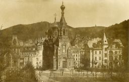 Karlovy Vary, kostel sv. Petra a Pavla, 1907, pohlednice