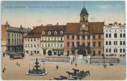 Teplice náměstí pomník FJI Musikhaus Franz Hesse tramvaje povozy 1921