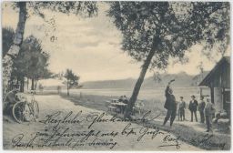 Bouda lidé bicykly P.M.B. razítko Frýdlant Frýdek Místek 1904