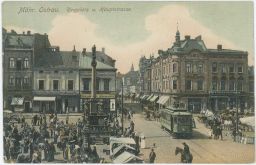 Ostrava náměstí Hauptsdtrasse obchody trhy tramvaj sklad oděvů 1906