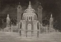 Národopisná Výstava Českoslovanská v Praze 1895, světelná fontána, kabinetka, světlotisk kresby