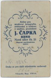 Brno Nová ulice 21 modrý emblém fotoateliér J.Čapka 1925
