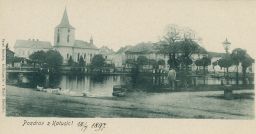 Katusice Mladá Boleslav náves rybník lidé husy 1897