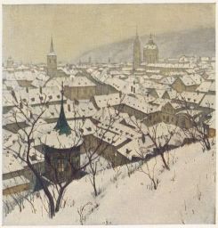 Praha Malá Strana zimní barevný lept Šimon