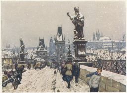Praha Karlův most a Hradčany v zimě barevný lept Šimon