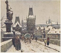 Praha Karlův most v zimě barevný lept Šimon