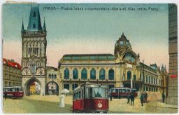 Praha Prašná brána Obecní dům koláž tří tramvají 1914
