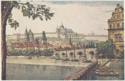 Praha Karlův most Hradčany Lávka Šimon barevný lept