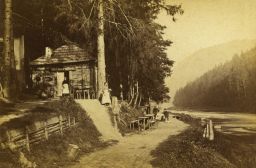 Hostinec Hans Heiling u Ohře poblíž Svatošské skály z cyklu Karlovy Vary a okolí, kol 1875, vizitka