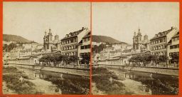 Karlovy Vary, empirová Vřídelní kolonáda s řekou, stereofotografie