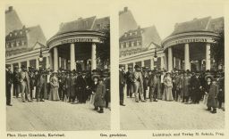 Karlovy Vary, Popiska: Ráno u Zámeckého pramene, Morgens am Schlossbrunn, stereofotografie