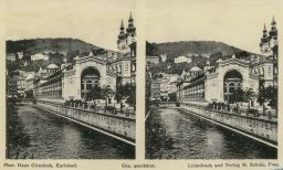 Karlovy Vary, litinová Vřídelní kolonáda, stereofotografie