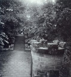 Hrad Valdštejn s návštěvníky, polovina stereofotografie