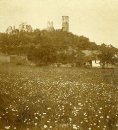Hrad Zvířetice, celkový pohled s loukou, polovina stereofotografie