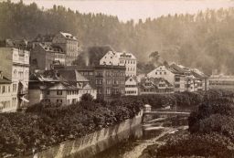Karlovy Vary, nábřežní ulice Nová Louka s řekou, vizitka