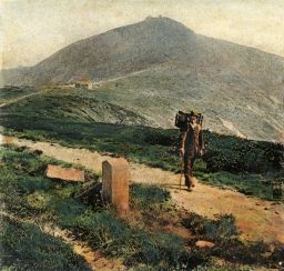 Krkonoše, nosič na hřebenové cestě, polovina stereofotografie, kolorovaný světlotisk