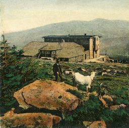 Krkonoše, Petrova bouda, polovina stereofotografie, ručně kolorovaný světlotisk (nový čtyřpodlažní objekt pod starou chalupou byl vystavěn 1886-87)
