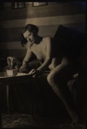 Akt sedící ženy při čtení, polovina stereofotografie