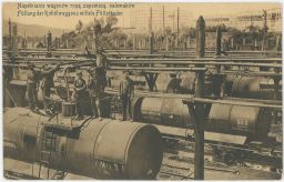 Železnice nádraží Boryslav-Schodnica Ukrajina 1904 naplňování vagónů ropou