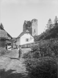 Český Šternberk, zřícenina čtverhranné věže hradu, v popředí hoch s hráběmi, negativ 13 x 18
