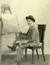 Malíř maluje výjev s rolnickou dvojicí, kolem 1900, 130 x 110 mm