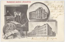 Studentský pozdrav z Kroměříže. Gymnázium a reálka cca 1904