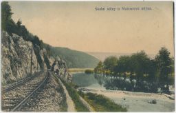 Železnice skalní stěny Mazourův mlýn Sázava Soběšín Kutná Hora 1914