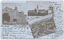 Měřín radnice kostel zinkografie Klabusay Žďár nad Sázavou 1901