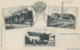 Železnice nádraží parní pila hostinec Butoves Jičín nakl. Kotlář 1910