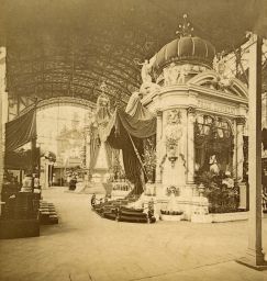 Expozice v Královském pavilonu - Průmyslovém paláci na Jubilejní výstavě 1891, polovina stereofotografie