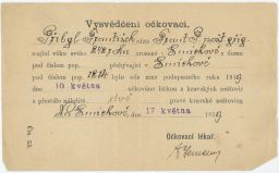 Očkovací průkaz vysvědčení očkovací z r. 1919 p. Přibyl kravské neštovice