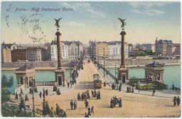 Praha Most Svatopluka Čecha tramvaje a lidé 1914