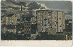 Jablonec nad Nisou činžáky večerní osvětlení Blick von der Talstrasse gegen die Gebirgstrasse