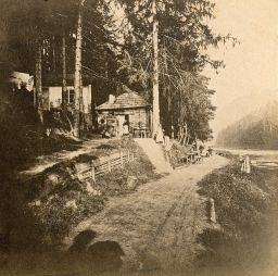 Hostinec Hans Heiling u Ohře poblíž Svatošské skály, polovina stereofotografie (původní snímek je z cyklu Františka Fridricha Karlovy Vary a okolí)