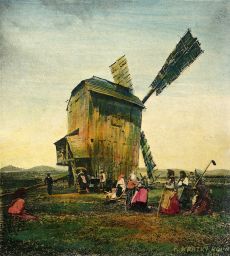 Větrný mlýn u Buchlovic, polovina stereofotografie, ručně kolorovaný světlotisk (snímek možná starší, 14..8. 1890 byl jeden ze dvou mlýnů v Buchlovicích vyvrácen větrem)