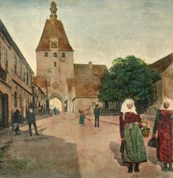 Domažlice, Dolní brána, polovina stereofotografie, ručně kolorovaný světlotisk